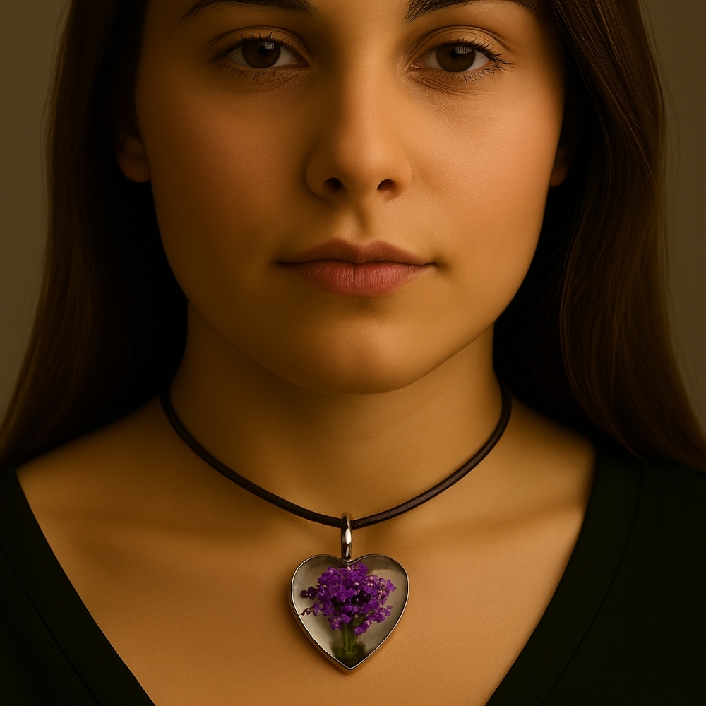 Heart-Shaped Purple Tree  Floral Pendant Necklace 18" Brown Cord Fashion Jewelry